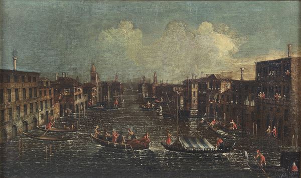 Pittore Veneziano Fine XVIII Secolo - "Veduta di Venezia con il Canal Grande e gondole", piccolo dipinto ad olio su tela