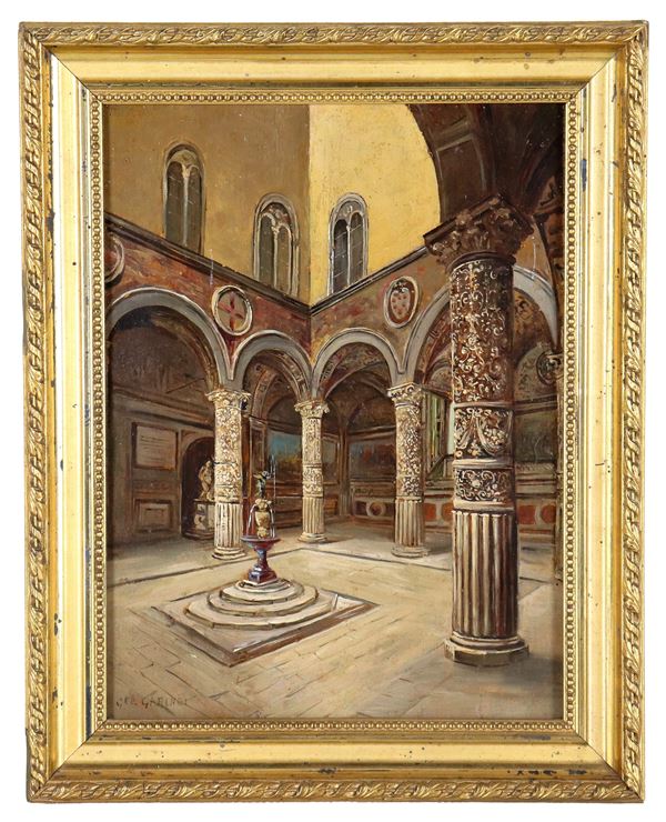 Pittore Italiano Fine XIX Secolo - Signed. "Courtyard of Palazzo Vecchio", small bright oil painting on panel