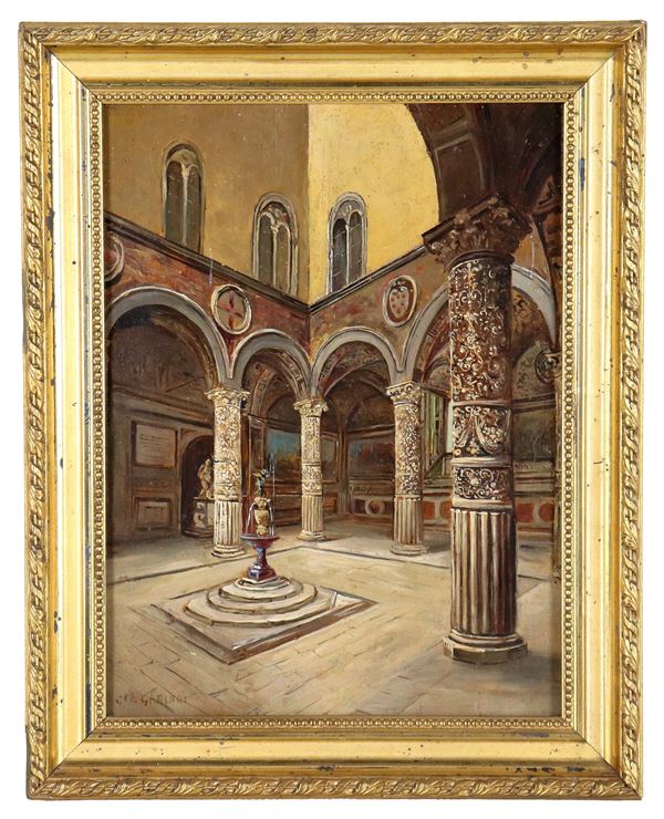 Pittore Italiano Fine XIX Secolo - Firmato. "Cortile di Palazzo Vecchio", piccolo luminoso dipinto ad olio su tavoletta