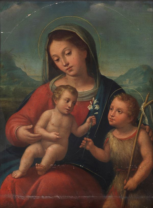 Scuola Toscana Fine XVII - Inizio XVIII Secolo - "Madonna con Bambino e San Giovannino", piccolo dipinto ad olio su tavola
