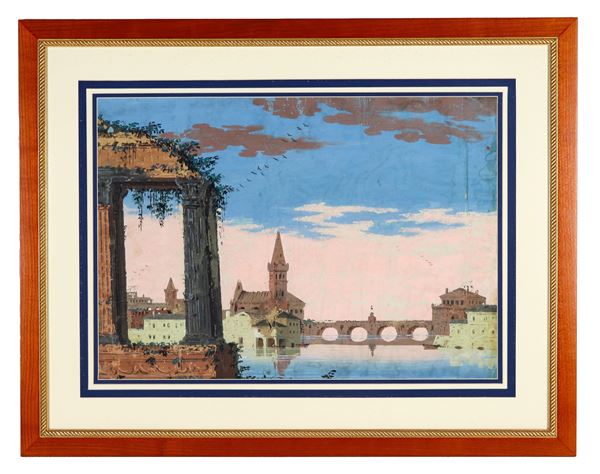 Scuola Italiana XIX Secolo - "Scorcio di città con ponte, fiume e ruderi", luminoso acquarello su carta. La carta presenta rotture