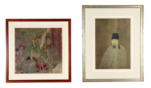 "Emperor with courtiers" and "Dignitary", lot of two ancient paintings. Some wear defects