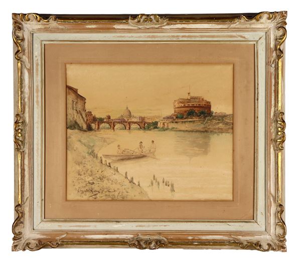 Pittore Europeo Fine XIX Secolo - Firmato e datato 1897. "Veduta del Tevere con Castel Sant'Angelo e San Pietro", dipinto all'acquarello