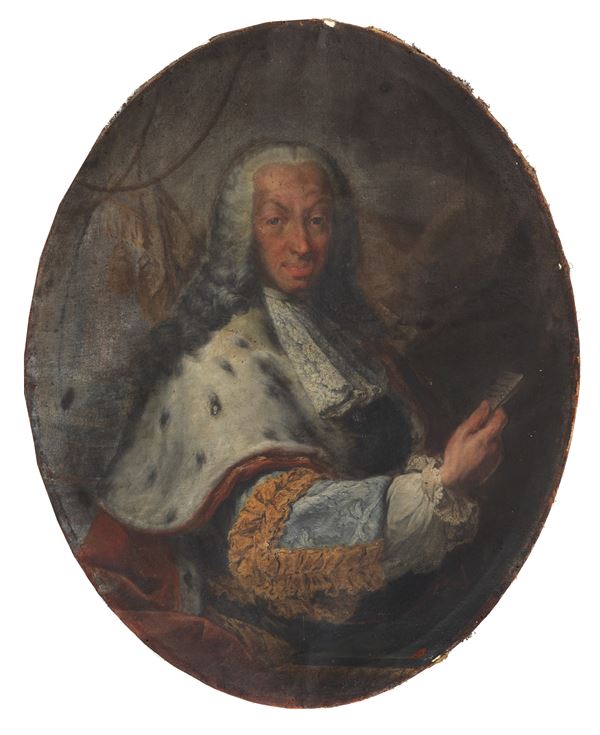 Pittore Inglese Inizio XVIII Secolo - "Ritratto di Lord", dipinto ovale ad olio su tela. Da restaurare