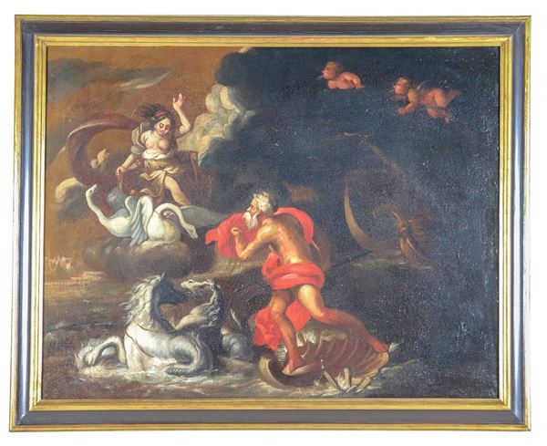 Scuola Bolognese Seconda Met&#224; XVII Secolo - "Giunone annuncia l'arrivo delle navi di Enea a Nettuno", dipinto ad olio su tela