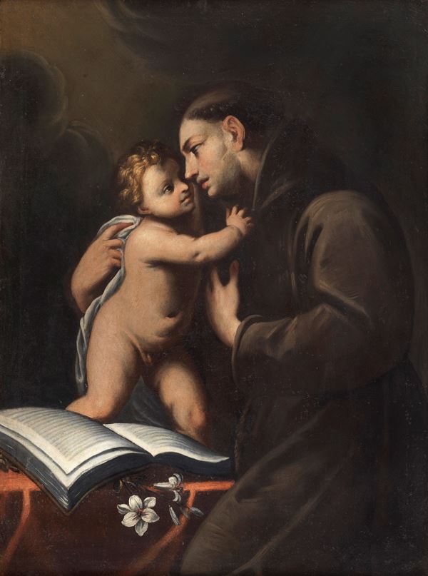 Pittore Genovese Fine XVII Secolo - "Sant'Antonio con il Bambino", dipinto ad olio su tela. Il dipinto è rintelato