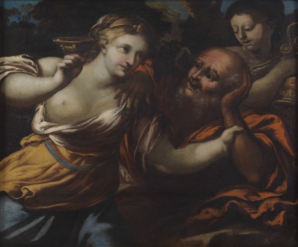 Pittore Bolognese Fine XVII Secolo - "Loth e le figlie", dipinto ad olio su tela. Il dipinto è rintelato e presenta qualche vecchio restauro