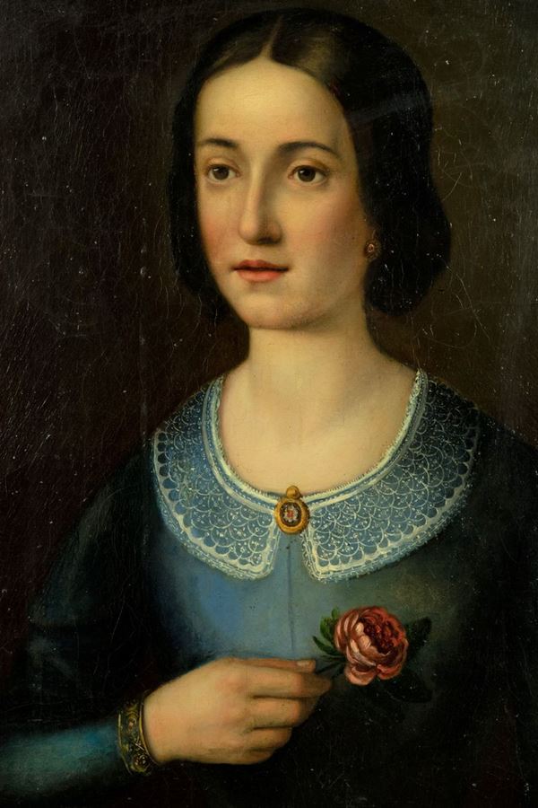Pittore Italiano XIX Secolo - "Ritratto di giovane nobildonna con rosa"