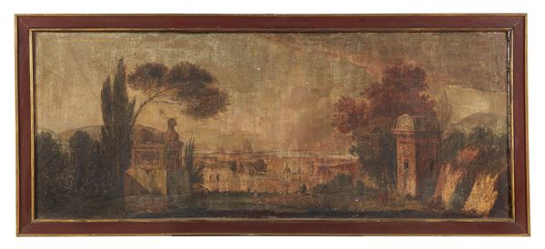 Pittore Romano Fine XVIII - Inizio XIX Secolo - "Imaginative view of Rome with characters", large thin oil painting and tempera on canvas. The canvas has various defects