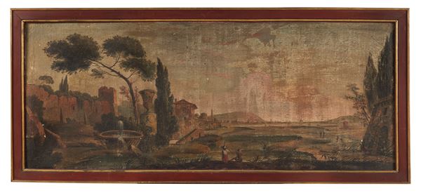 Pittore Romano Fine XVIII - Inizio XIX Secolo - "Veduta fantasiosa dell'Appia Antica con personaggi", grande dipinto ad olio magro e tempera su tela. La tela presenta vari difetti