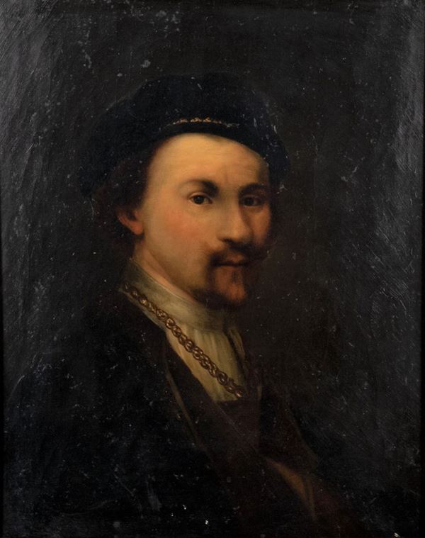 Pittore Italiano XIX Secolo - &quot;Ritratto di nobiluomo con baffi e cappello&quot;