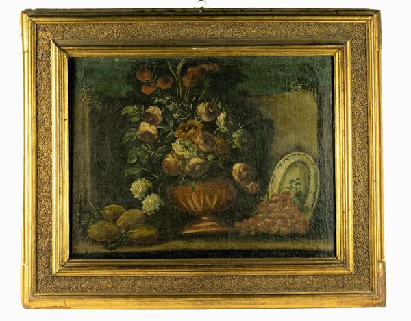 Pittore Italiano XVIII Secolo - &quot;Natura morta di fiori, frutta e vasellame&quot;