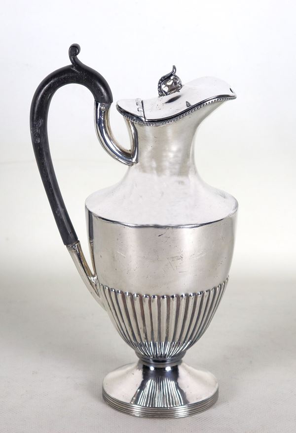 Antique English Victorian coffee pot in chiselled and embossed Sheffield, ebonized wooden handle