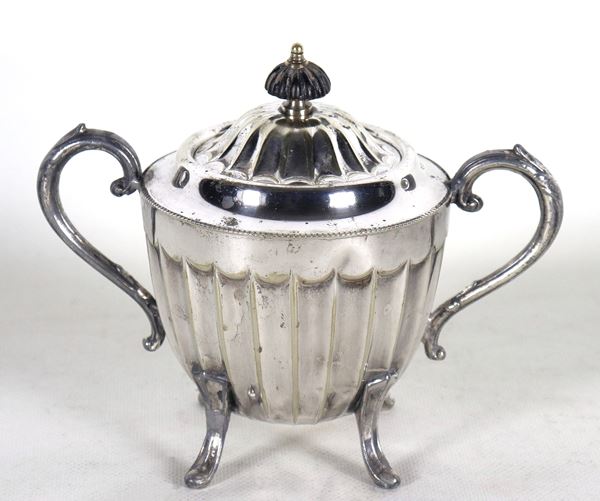 Antique English sugar bowl in chiselled and embossed Sheffield, two handles and four curved feet