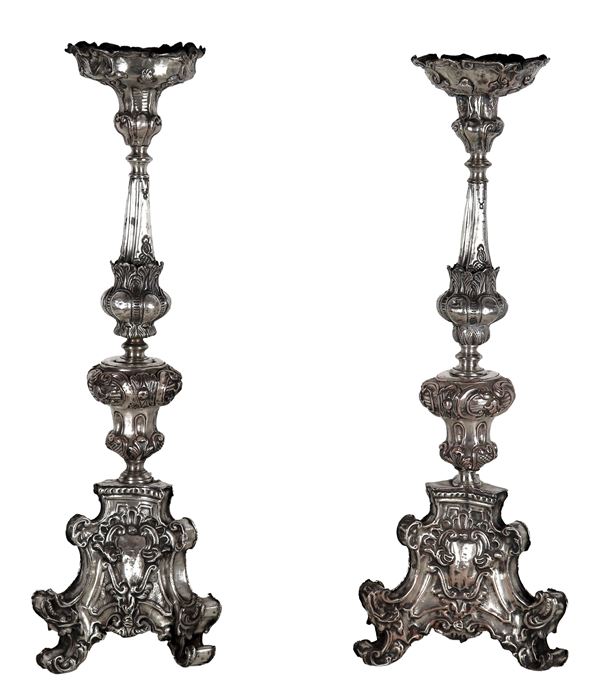 Pair of ancient Roman torch holders in silvered copper, chiseled and embossed with Louis XIV motifs