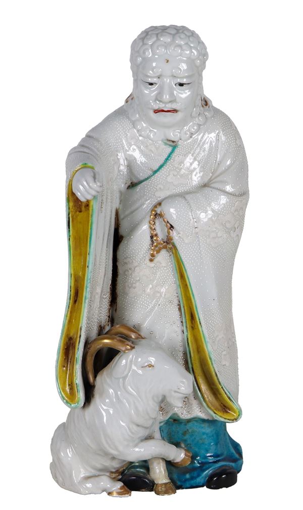 "Saint with goat", sculpture in glazed polychrome porcelain