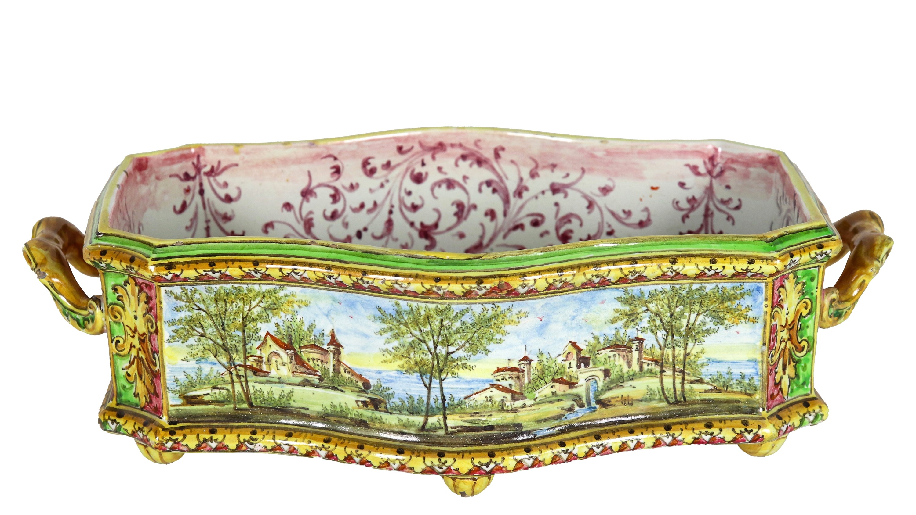Antico centrotavola in maiolica bolognese policroma, a forma rettangolare centinata con due manic...