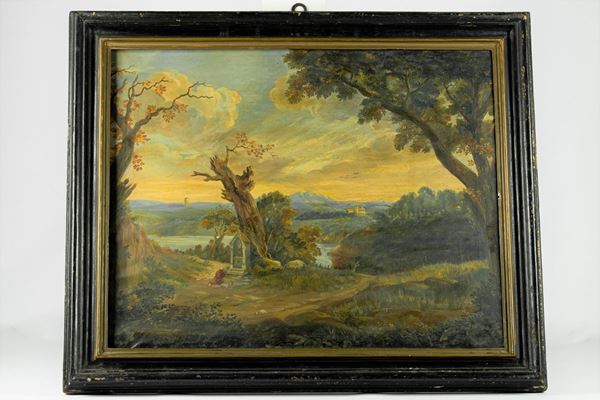 Pittore Italiano Fine XIX - Inizio XX Secolo -  &quot;Paesaggio lacustre con edicola e pellegrino&quot; 