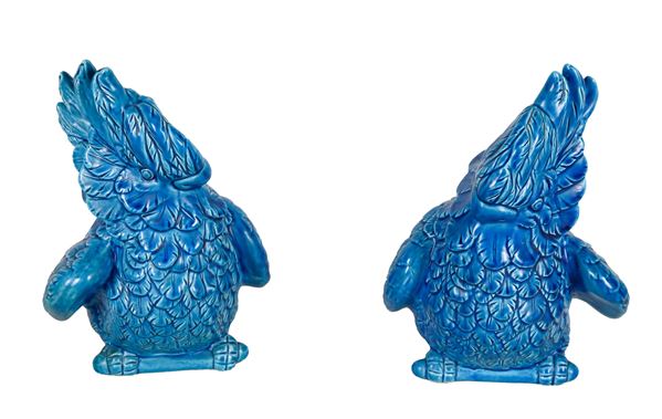 "Parrots", pair of flower holder sculptures in blue glazed ceramic