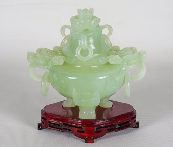 Chinese green jade incense burner, teak base