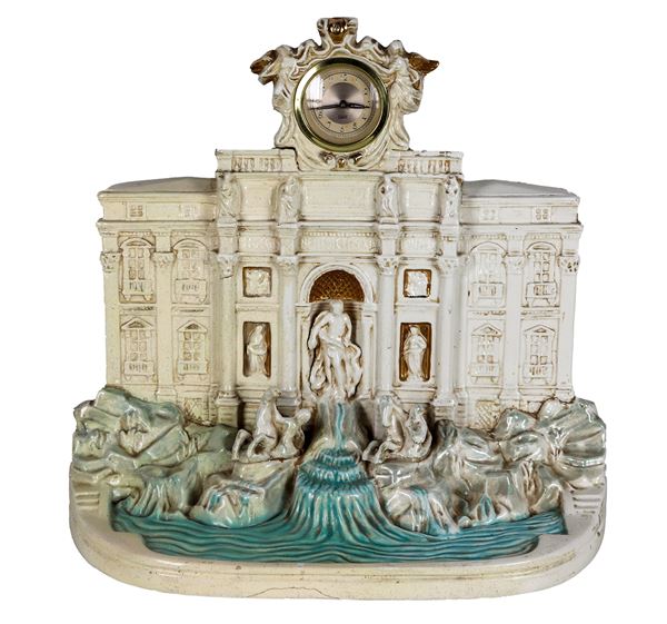 "Trevi Fountain", polychrome ceramic sculpture surmounted by a clock, defects with glued breaks