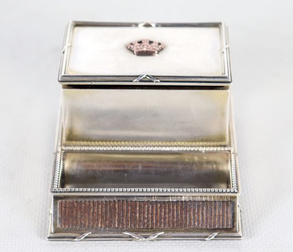 Silver table match holder with golden crown on the lid, marked G. Keller-Paris. Stamps Paris 19th century