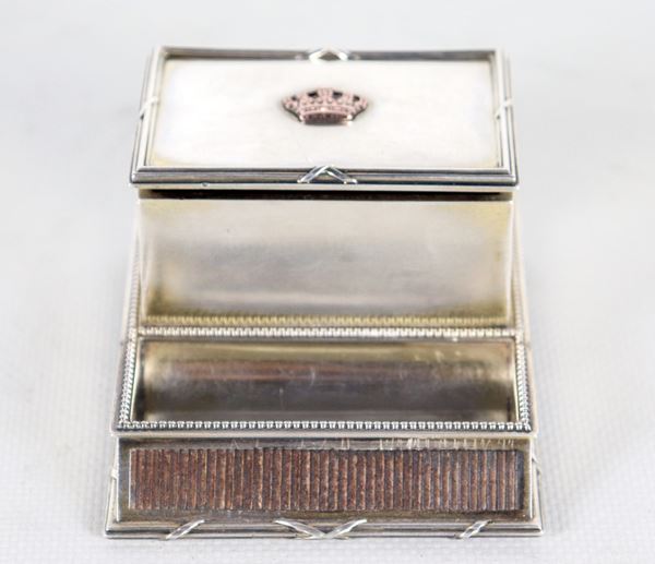 Silver table match holder with golden crown on the lid, marked G. Keller-Paris. Stamps Paris 19th century