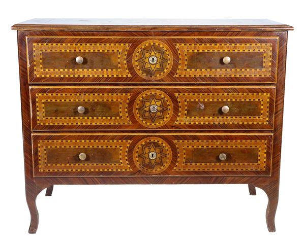 Lombard-Veneto chest of drawers from the Louis XVI line in walnut, with inlays of geometric bands and rosettes with stars, three drawers and four legs in the shape of an inverted pyramid