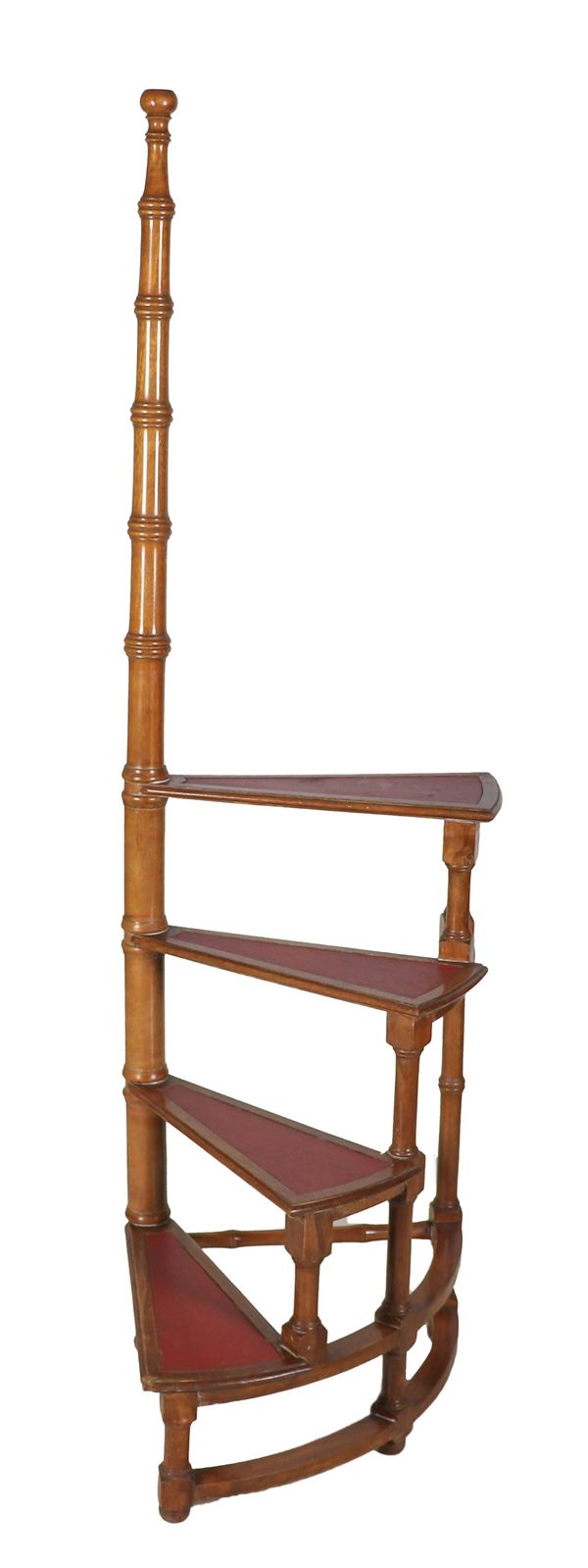 English library ladder in mahogany, with turned column uprights and four leather-covered steps