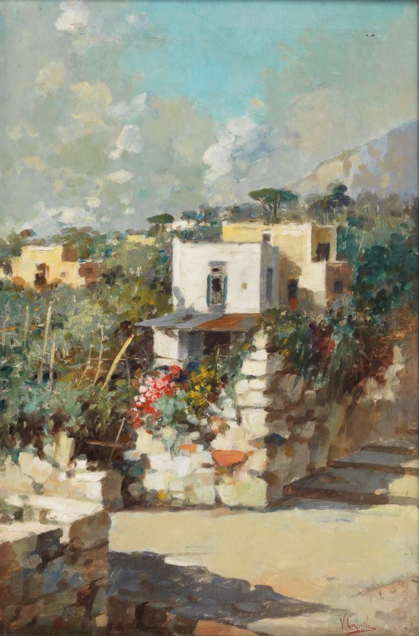 Vincenzo Caprile - Signed. "Farmhouses in Capri", bright oil painting on canvas