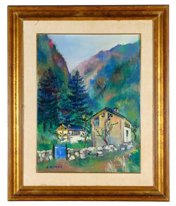 Giovanni Omiccioli - Firmato. "Paesaggio alpino con case", dipinto ad olio su compensato