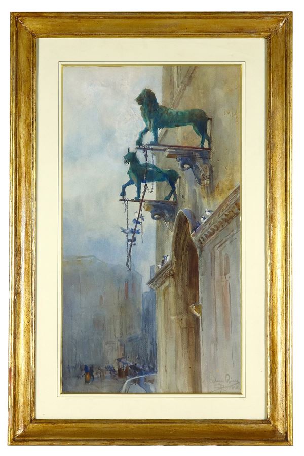 Dante Ricci - Signed and inscribed Rome. "Glimpse of street with characters and front elevation of an ancient building", watercolor on paper
