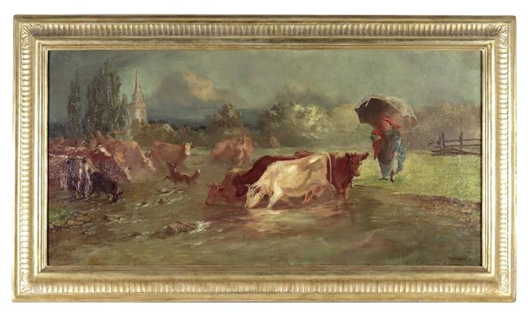 Pittore Italiano Seconda Met&#224; XIX Secolo - Signed and dated 1870. "Shepherdess with cows at the stream", oil painting on canvas