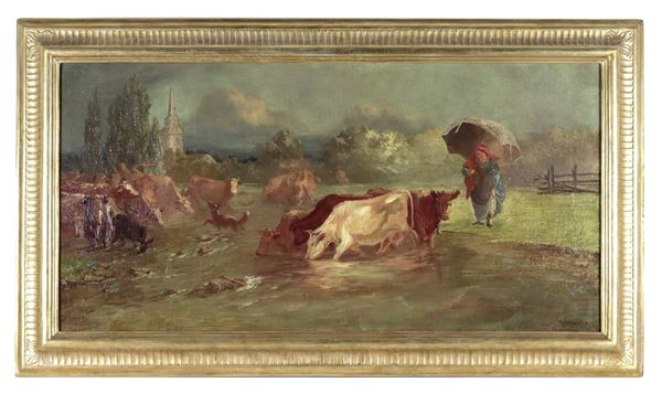 Pittore Italiano Seconda Met&#224; XIX Secolo - Firmato e datato 1870. "Pastorella con mucche al ruscello", dipinto ad olio su tela