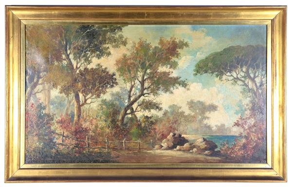 Pittore Italiano Fine XIX Secolo - Firmato. "Paesaggio boschivo con corso d'acqua e staccionata", dipinto ad olio su tela