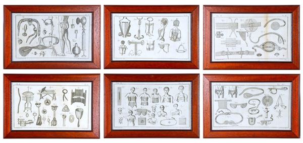 "Ancient orthopedic instruments and devices", lot of six ancient engravings on paper