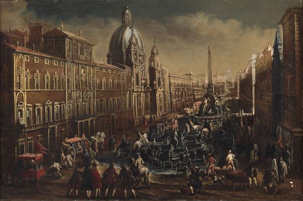 Maestro Italiano Fine XVII-Inizio XVIII Secolo - "Il mercato a Piazza Navona", dipinto ad olio su tela
