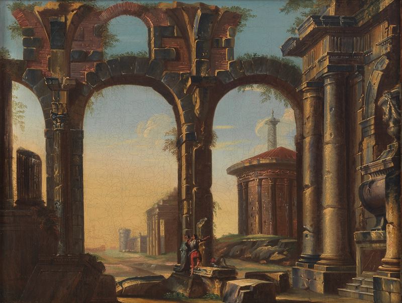 Cerchia di. "Architetture con ruderi con personaggi", luminoso dipinto ad olio su tela di ottima ...