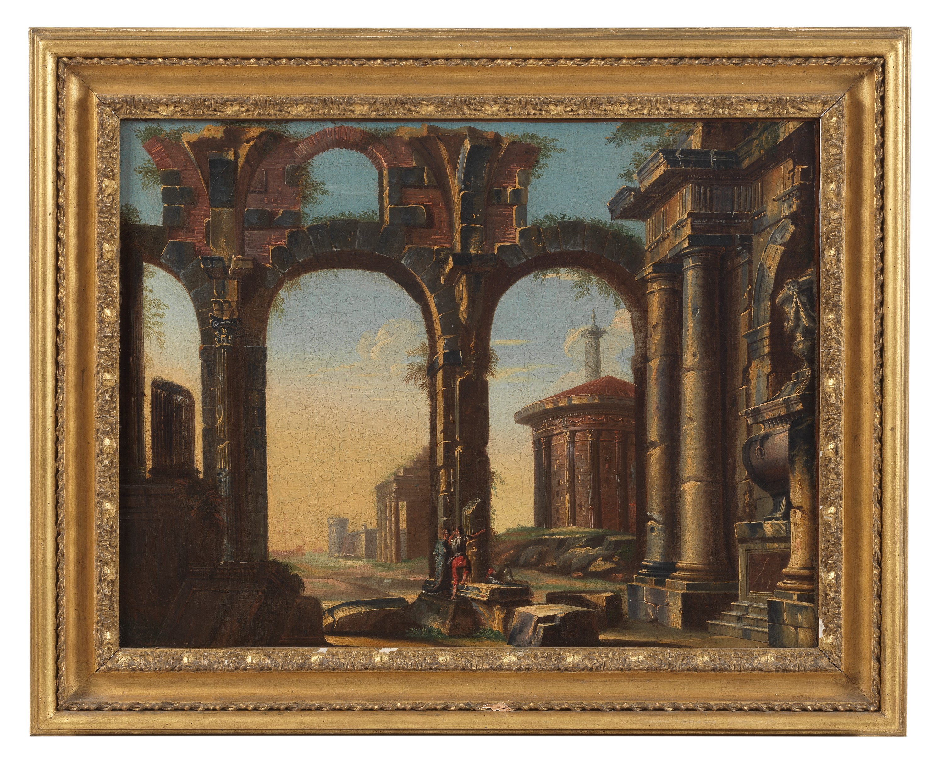 Cerchia di. "Architetture con ruderi con personaggi", luminoso dipinto ad olio su tela di ottima ...