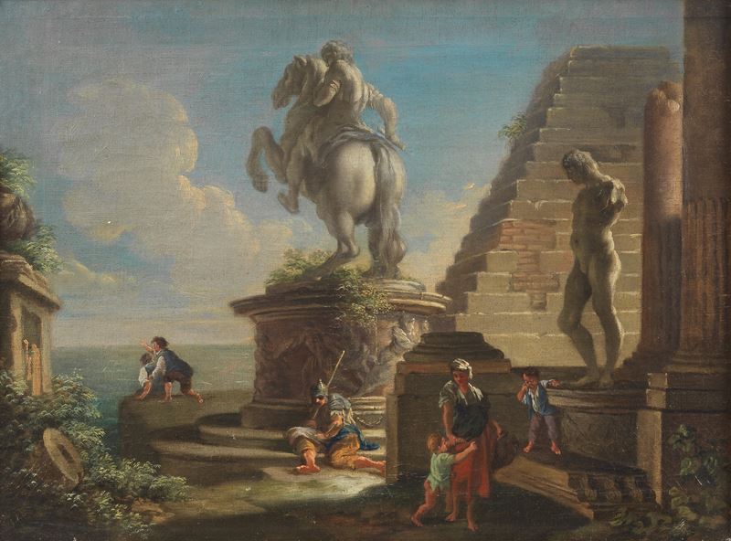 Cerchia di. "Ruderi con monumenti romani e personaggi", luminoso dipinto ad olio su tela di ottim...