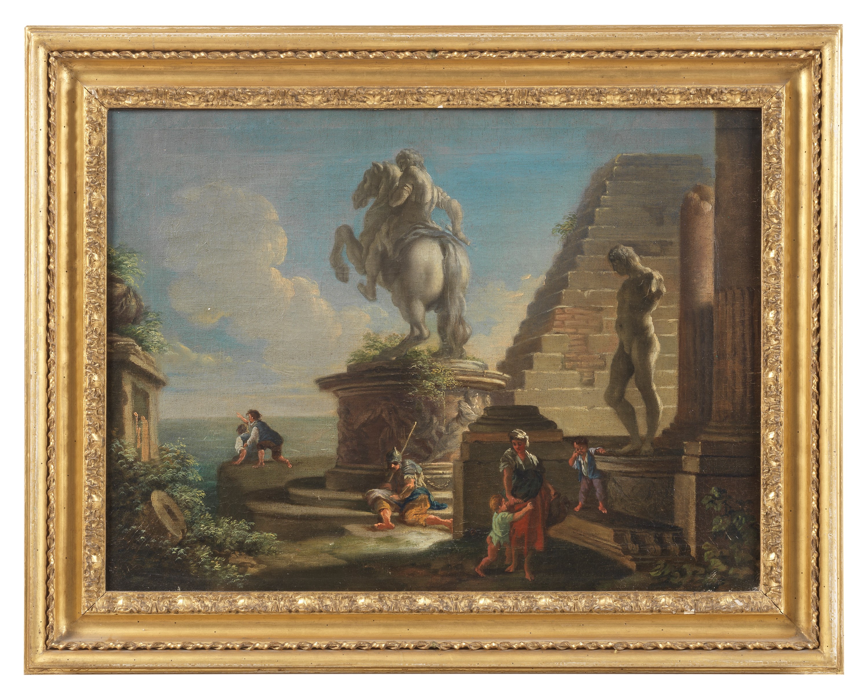 Cerchia di. "Ruderi con monumenti romani e personaggi", luminoso dipinto ad olio su tela di ottim...