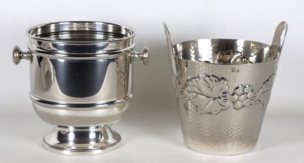 Lot of two silver metal bottle buckets, one hammered with bunches of grapes and one smooth