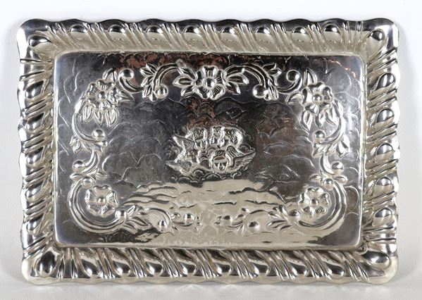 Mail tray in chiselled and embossed Sheffield with floral scrolls