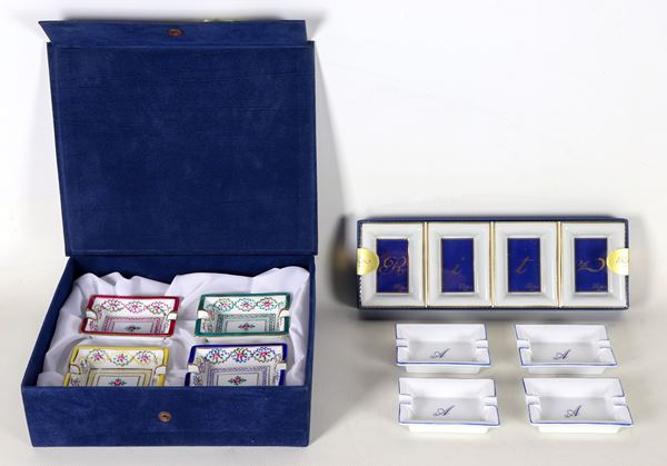 Lotto di tre set in porcellana di quattro posacenere ciascuno, vari decori e policromie  (12 pz)