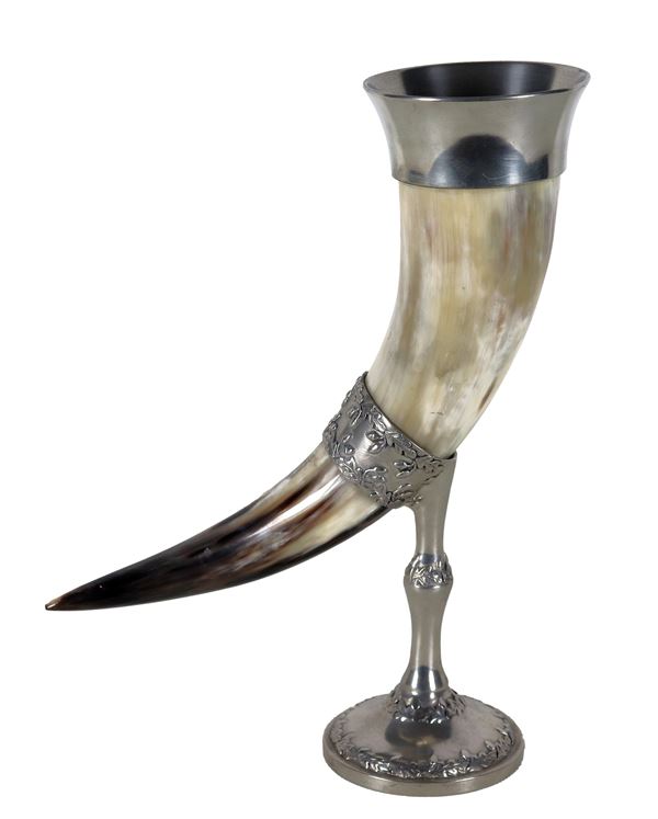 German horn with base and support in silvered and embossed metal