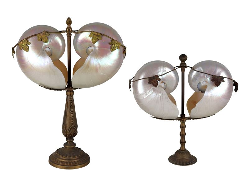 Lotto di quattro Nautilus montati a coppia su supporti in bronzo sbalzato. Lieve mancanza a una c...