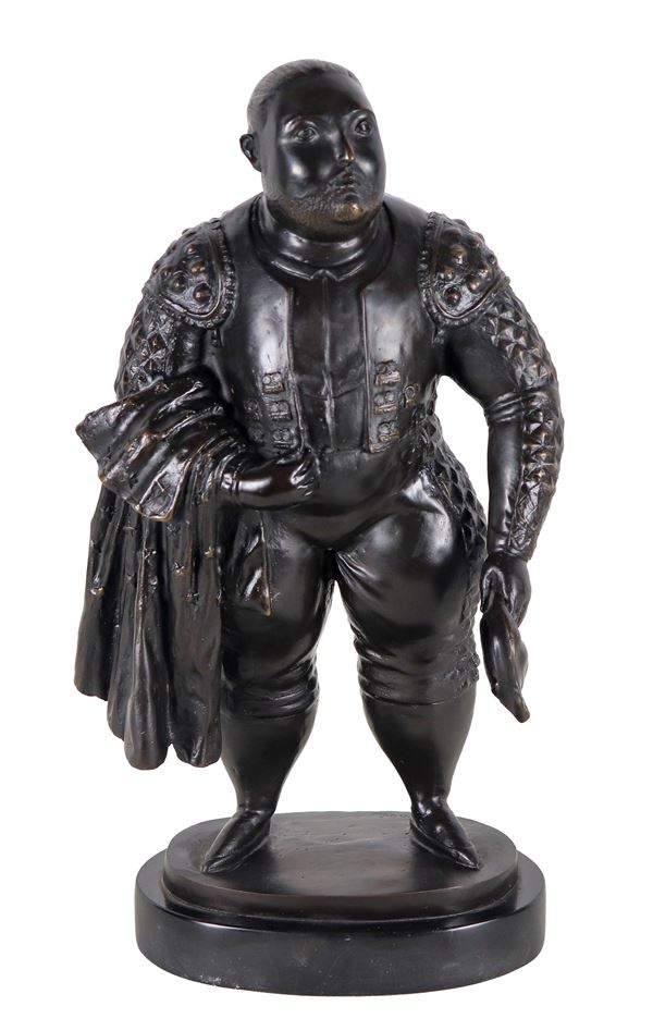 "Matador", sculpture with black marble base. Copy from Botero signed Gabo