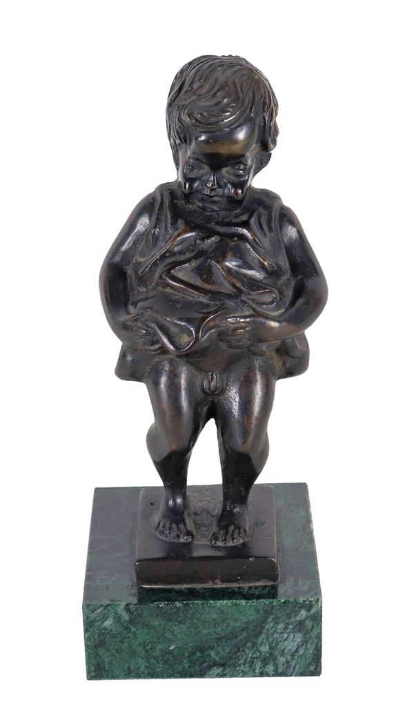 "Child", ancient small bronze sculpture, base in green Alpine marble