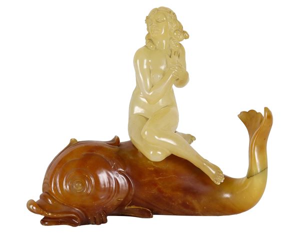 "Venus with dolphin", Art Nouveau sculpture in semi-precious stones. The dolphin's tail has been restored