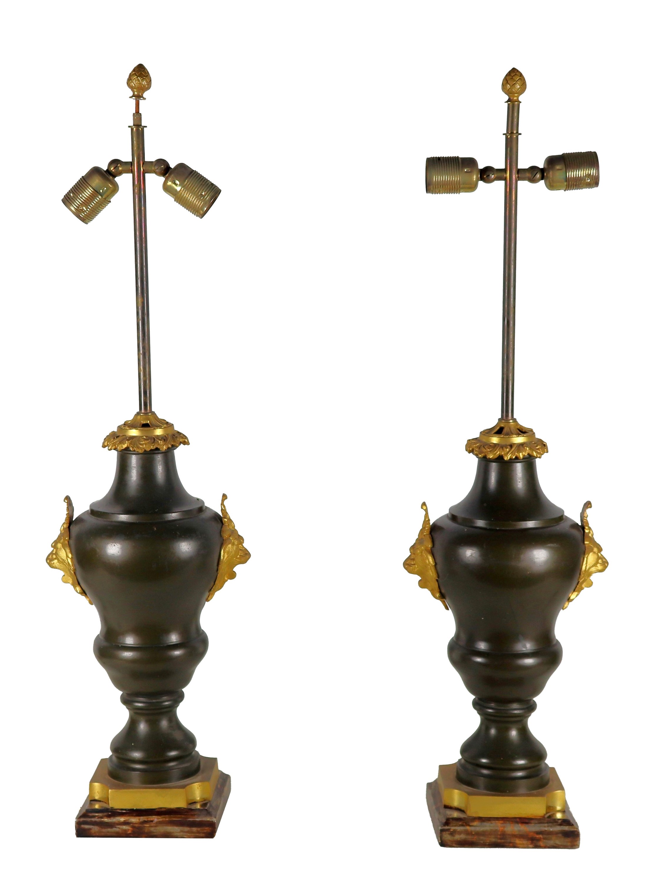 Coppia di anfore francesi in metallo laccato nero, con teste di leoni in bronzo dorato e cesellat...
